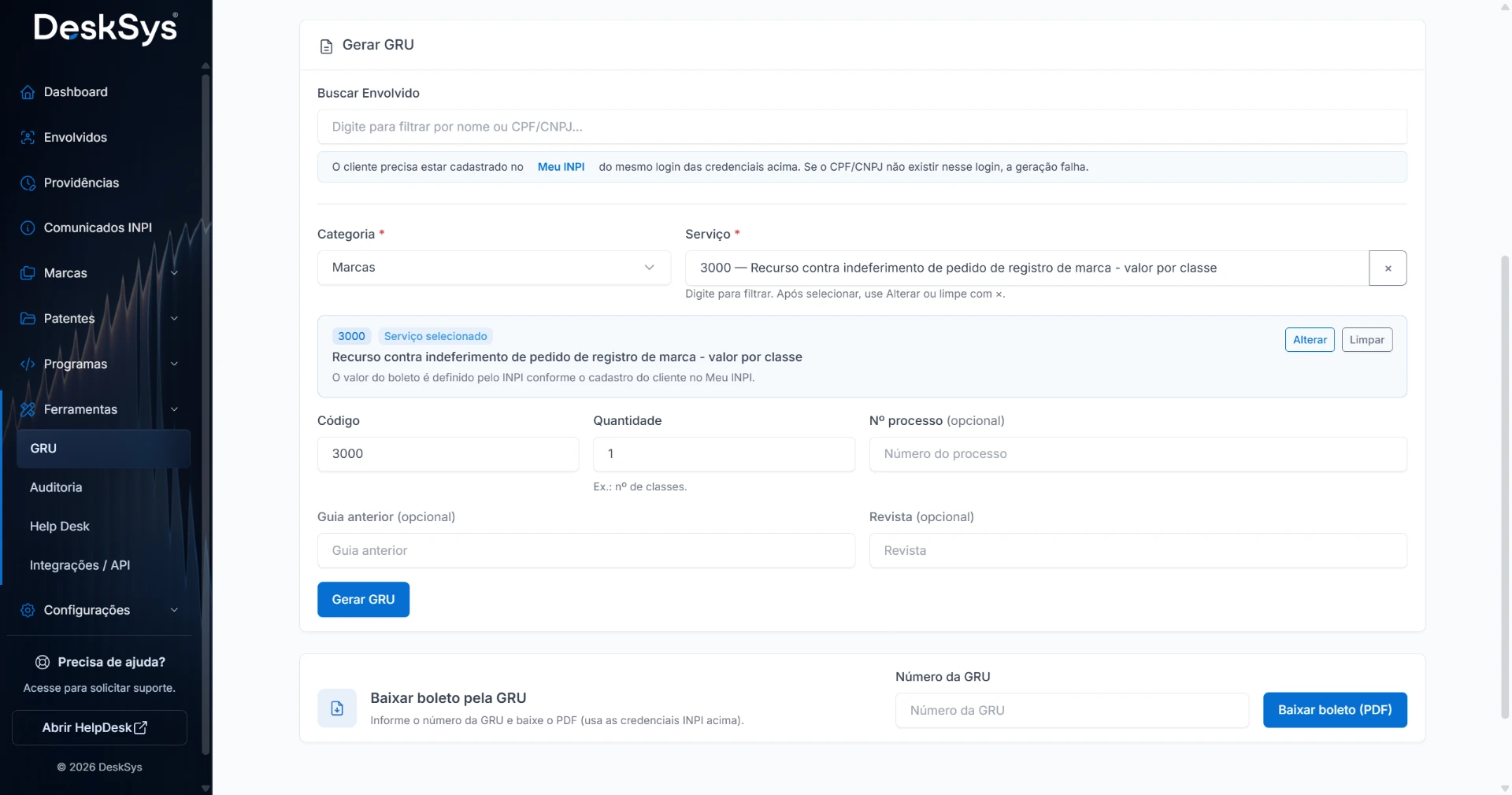 Interface ilustrativa do DeskSys: GRU e ferramentas de apoio