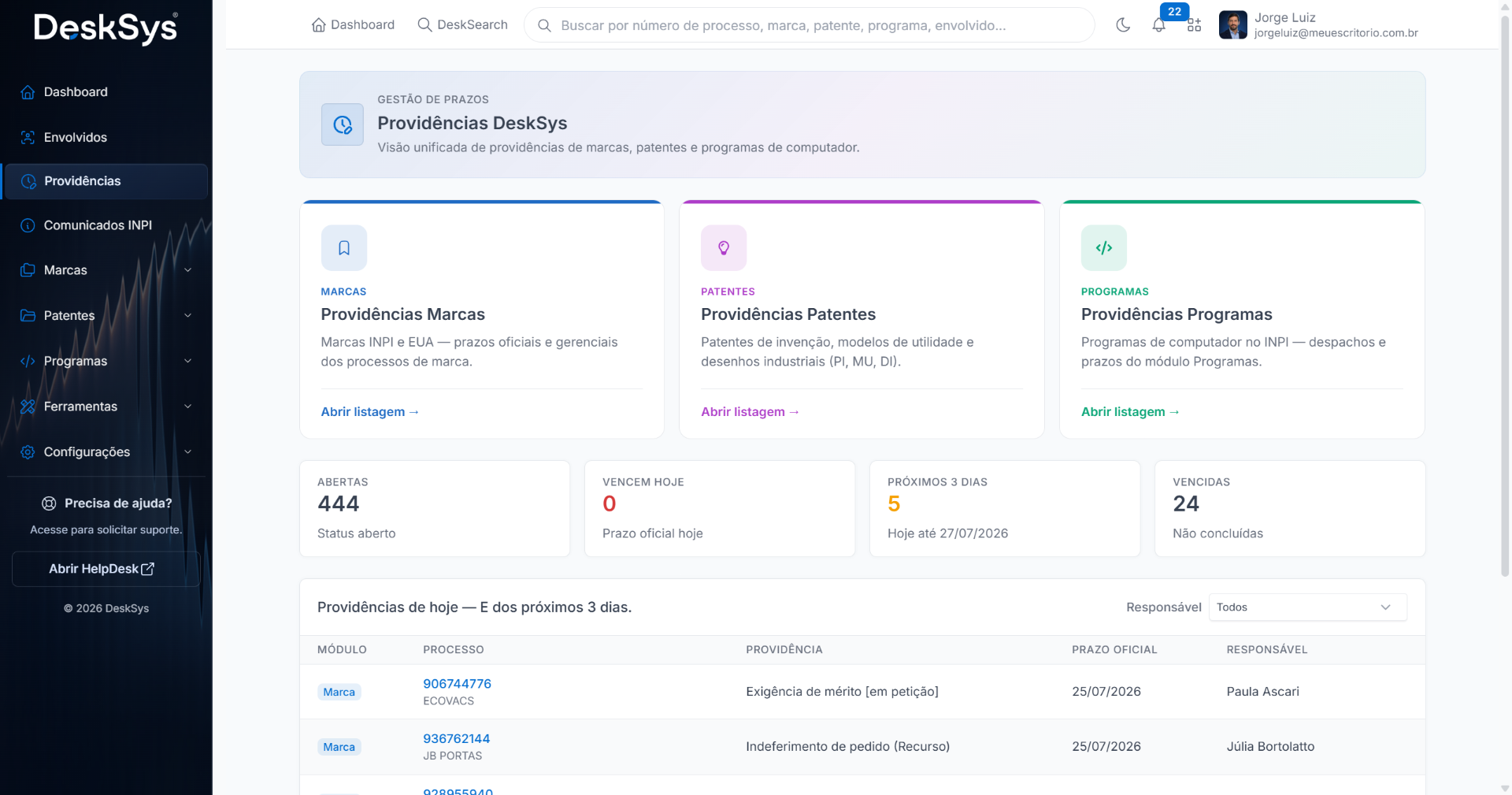 Interface da plataforma DeskSys exibindo portfólio e prazos