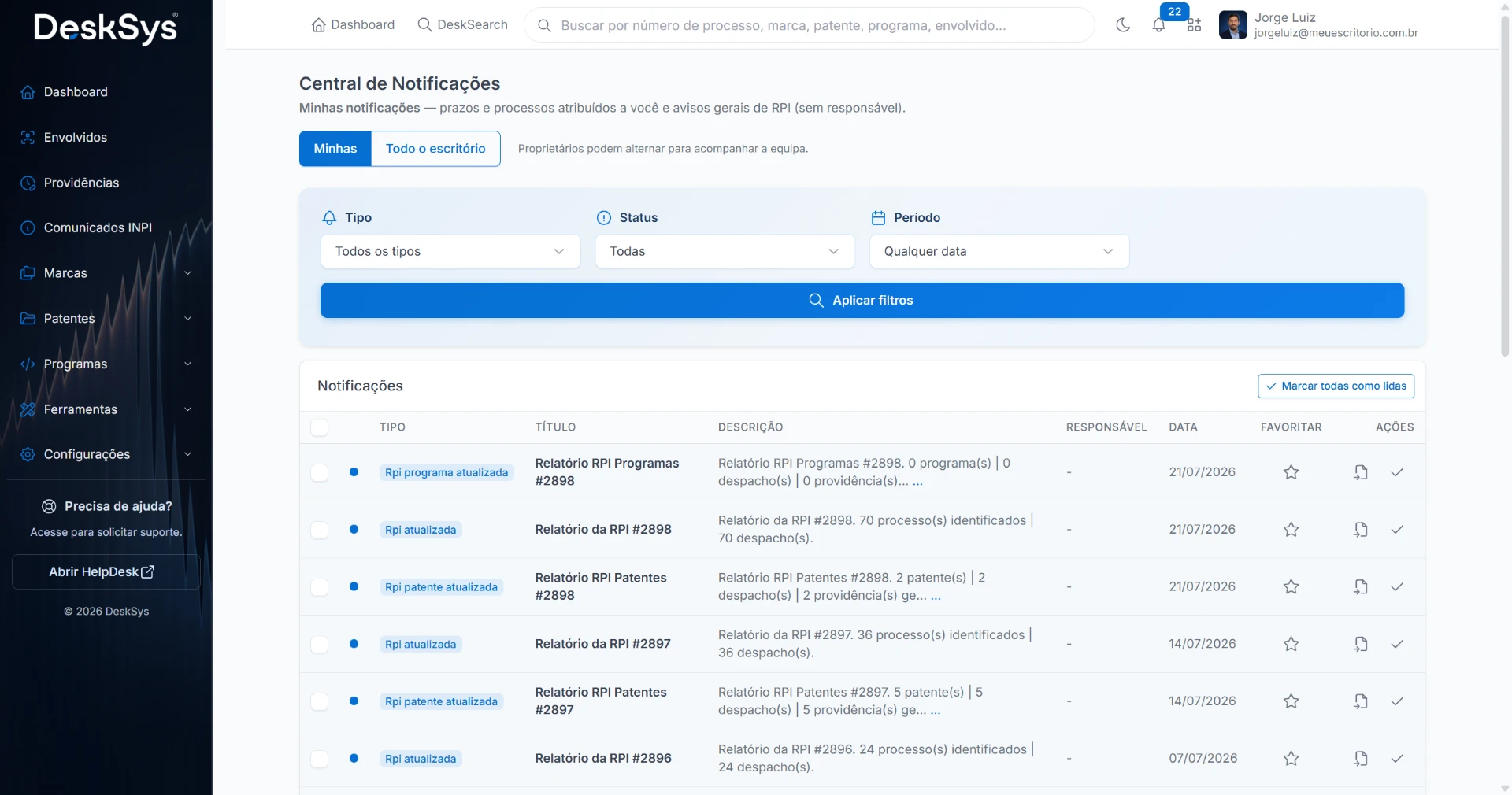 Central de notificações do DeskSys