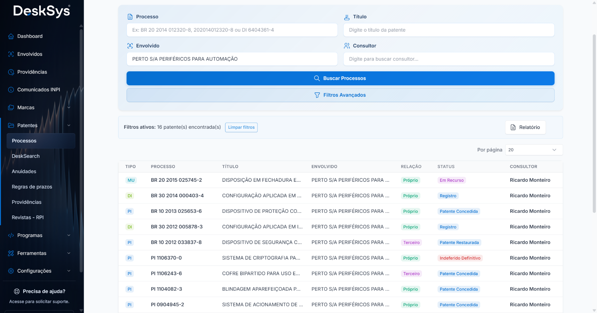 Listagem de processos de patente com natureza, situação e responsáveis