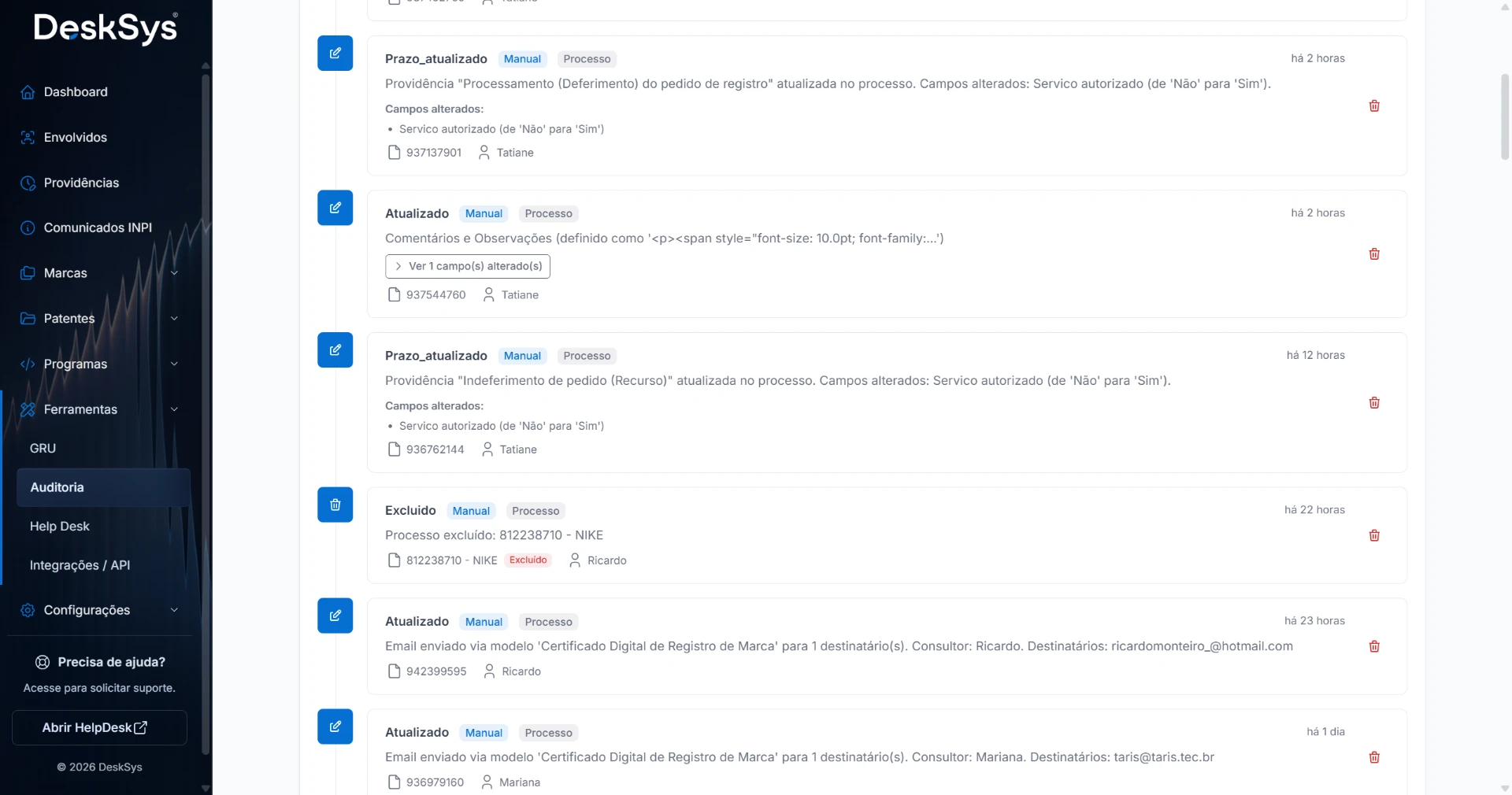 Trilha de auditoria de alterações