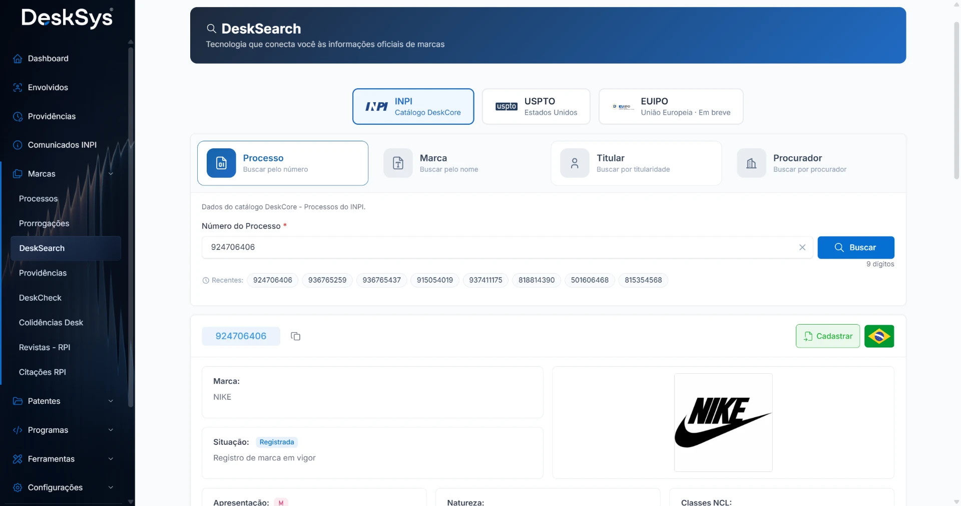 DeskSearch Patentes com pesquisa por número e título parcial