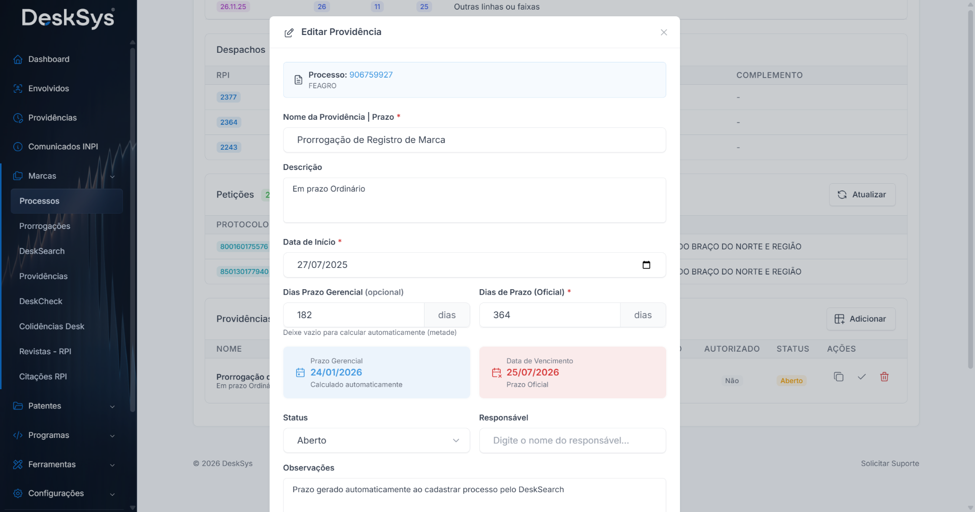 Listagem real de processos com filtros e informações processuais
