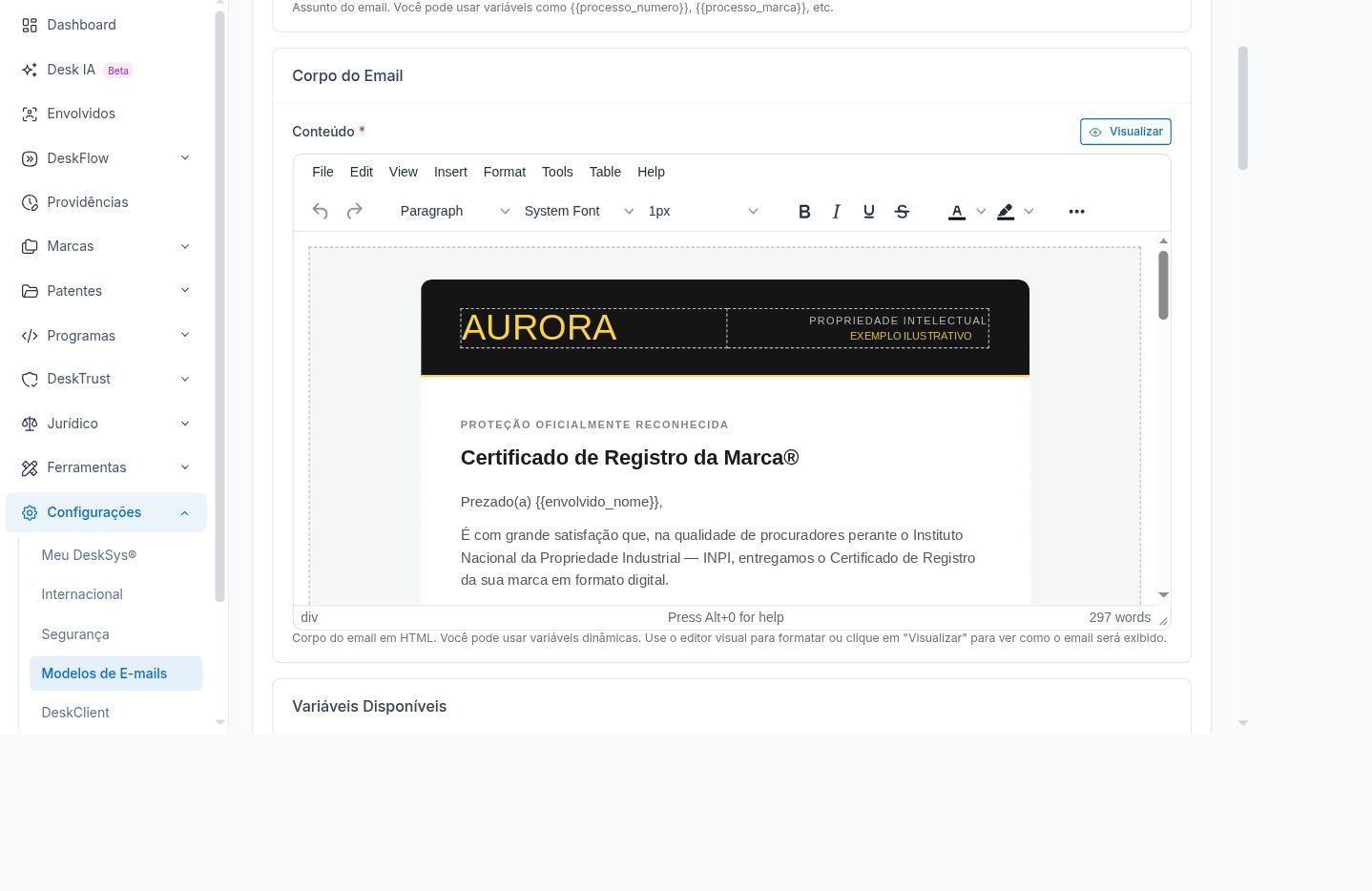 Editor visual do corpo do e-mail com exemplo de identidade do escritório e variáveis de dados