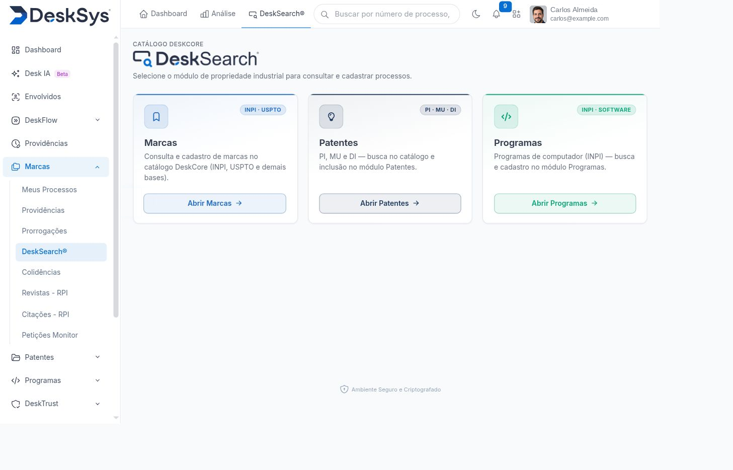 Seletor do DeskSearch para consultar e cadastrar marcas, patentes e desenhos industriais, e programas de computador