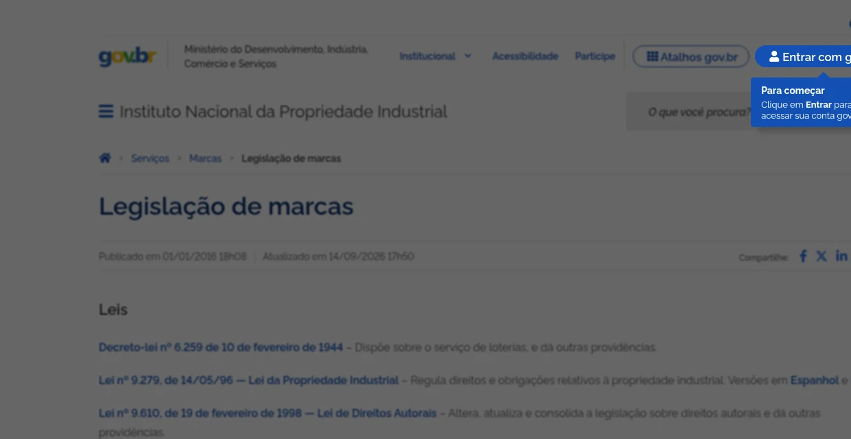 Página de legislação de marcas do INPI, com a portaria que regula prazos e petições de marca