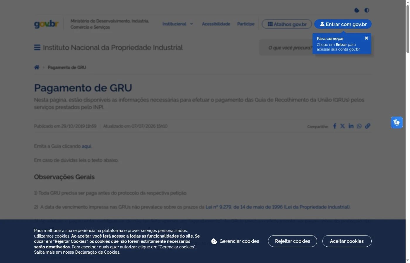 Captura da página oficial Pagamento de GRU no portal gov.br/inpi, com orientações gerais do Instituto
