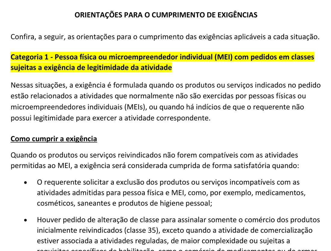 Trecho do documento oficial do INPI com orientações para cumprir a exigência de legitimidade por pessoa física ou MEI