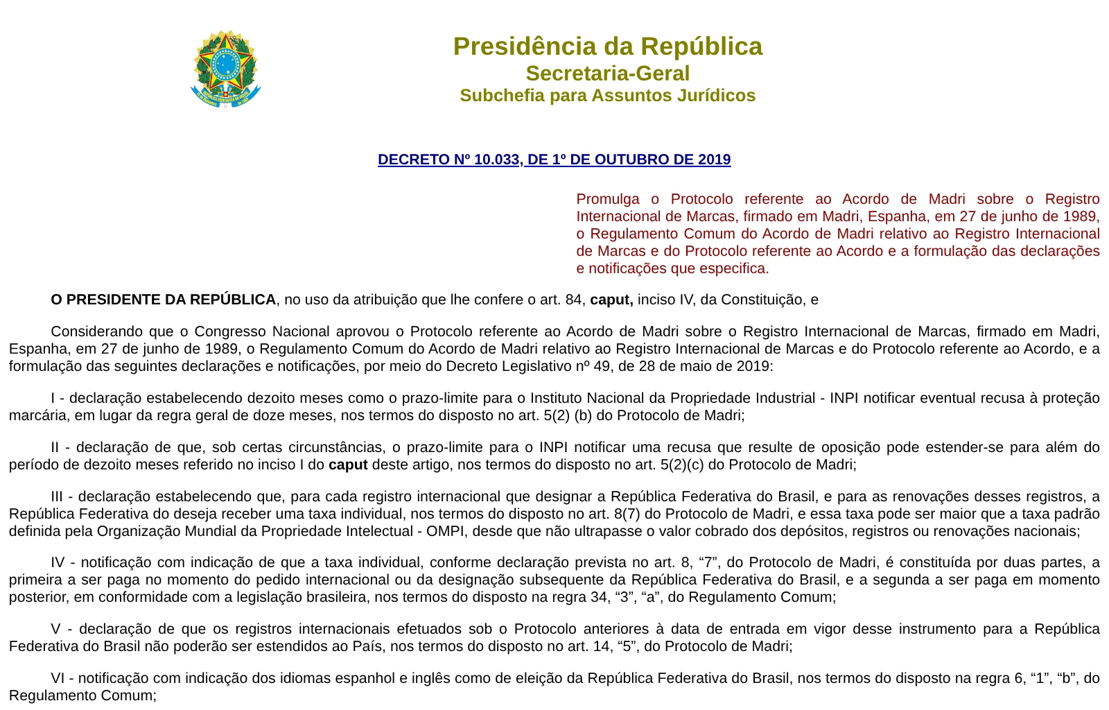 Página do Planalto com o Decreto 10.033 de 2019, que promulga o Protocolo de Madri no Brasil