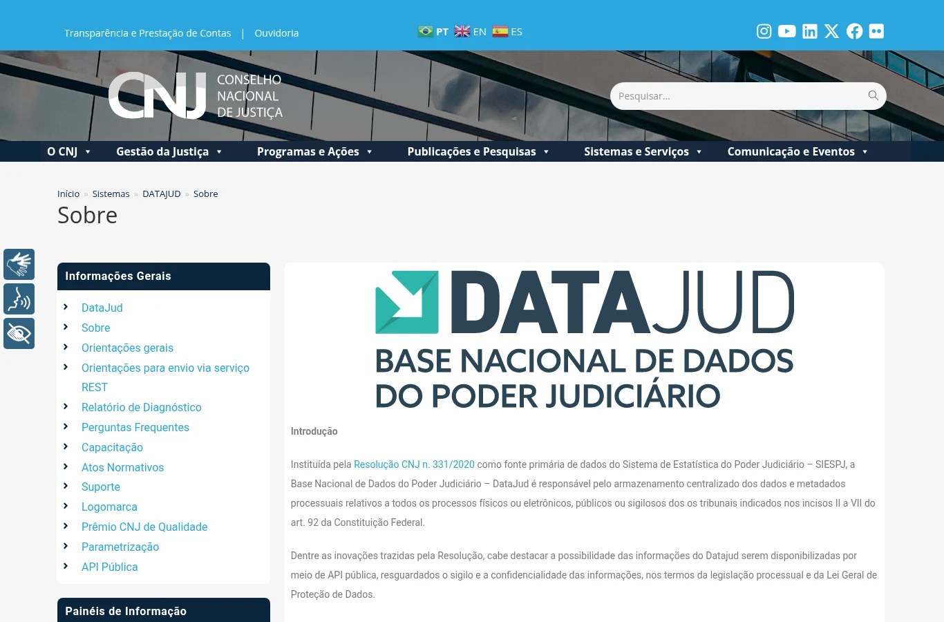 Página oficial do CNJ que apresenta o DataJud, Base Nacional de Dados do Poder Judiciário, instituída pela Resolução CNJ 331/2020