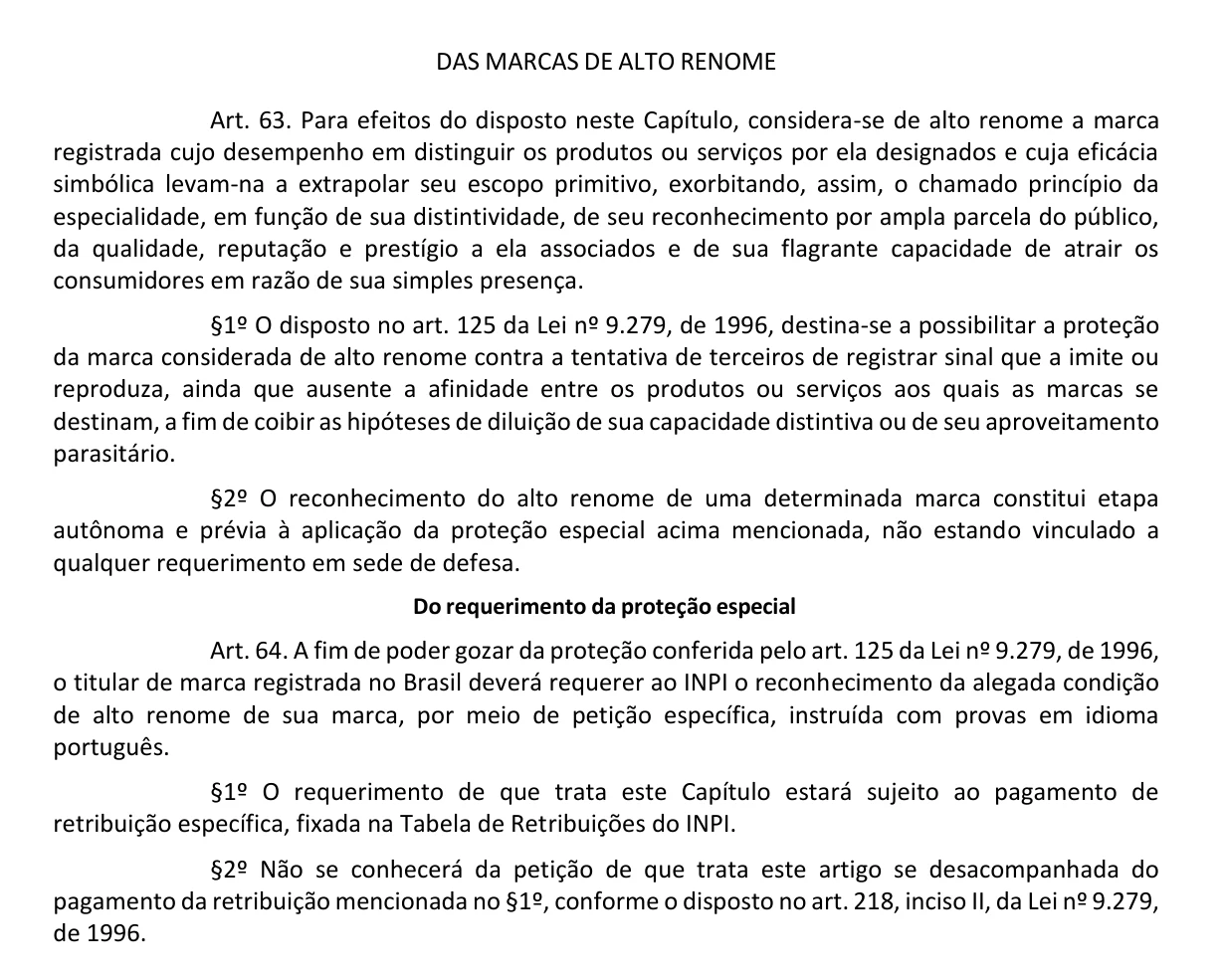 Trecho do Capítulo XIII da Portaria INPI/PR nº 08/2022 com os arts. 63 e 64, que definem a marca de alto renome e exigem petição específica com provas em português