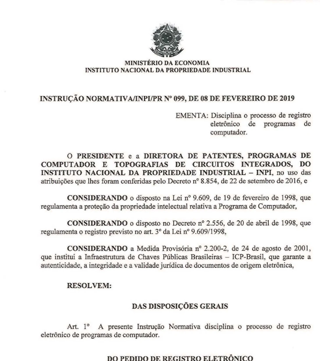 Primeira página da Instrução Normativa INPI/PR nº 99/2019, que disciplina o registro eletrônico de programas de computador