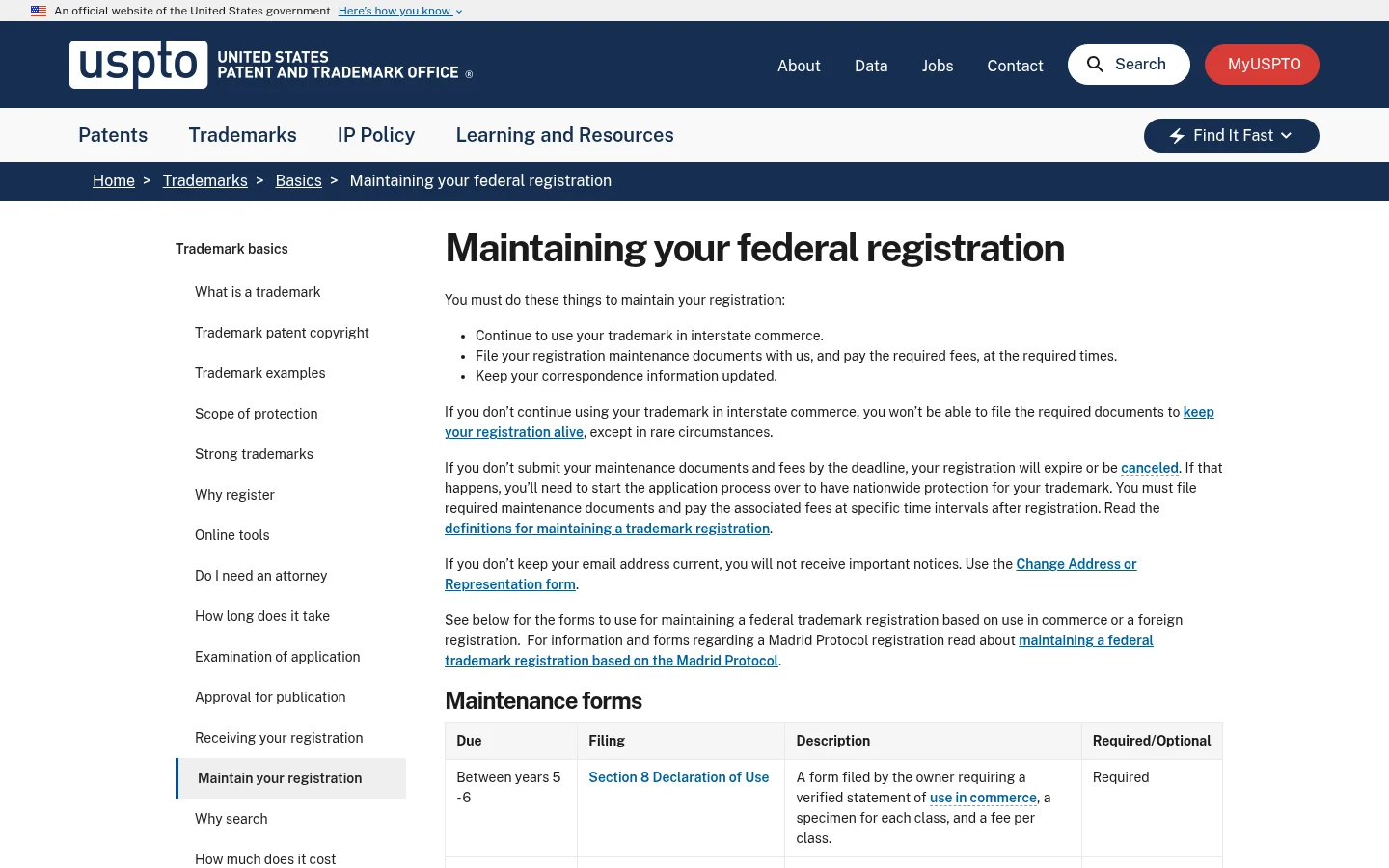 Página do USPTO sobre manutenção de registro de marca, com as exigências de declaração de uso e renovação