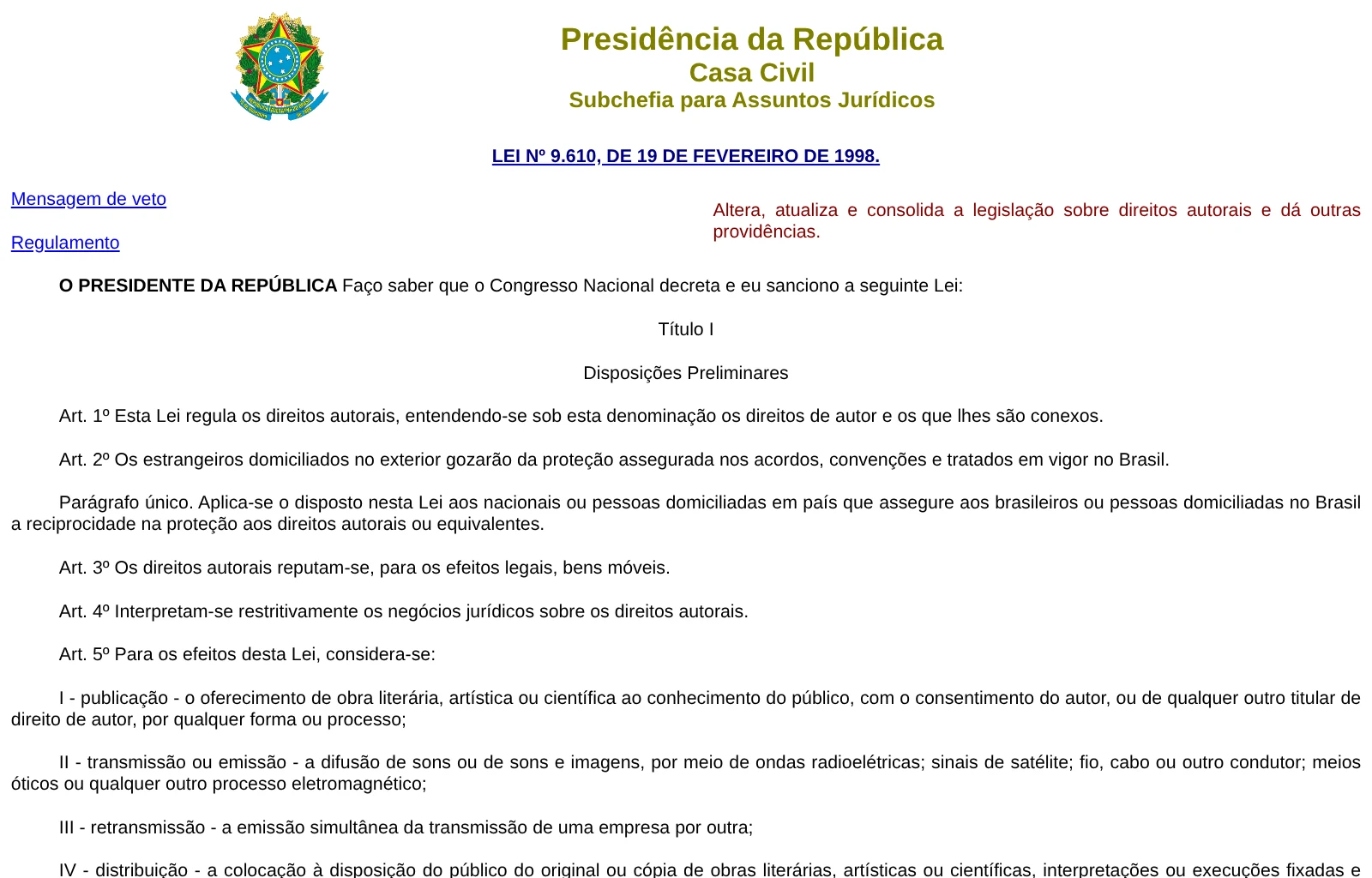 Página do Planalto com a Lei 9.610 de 1998, a Lei de Direitos Autorais