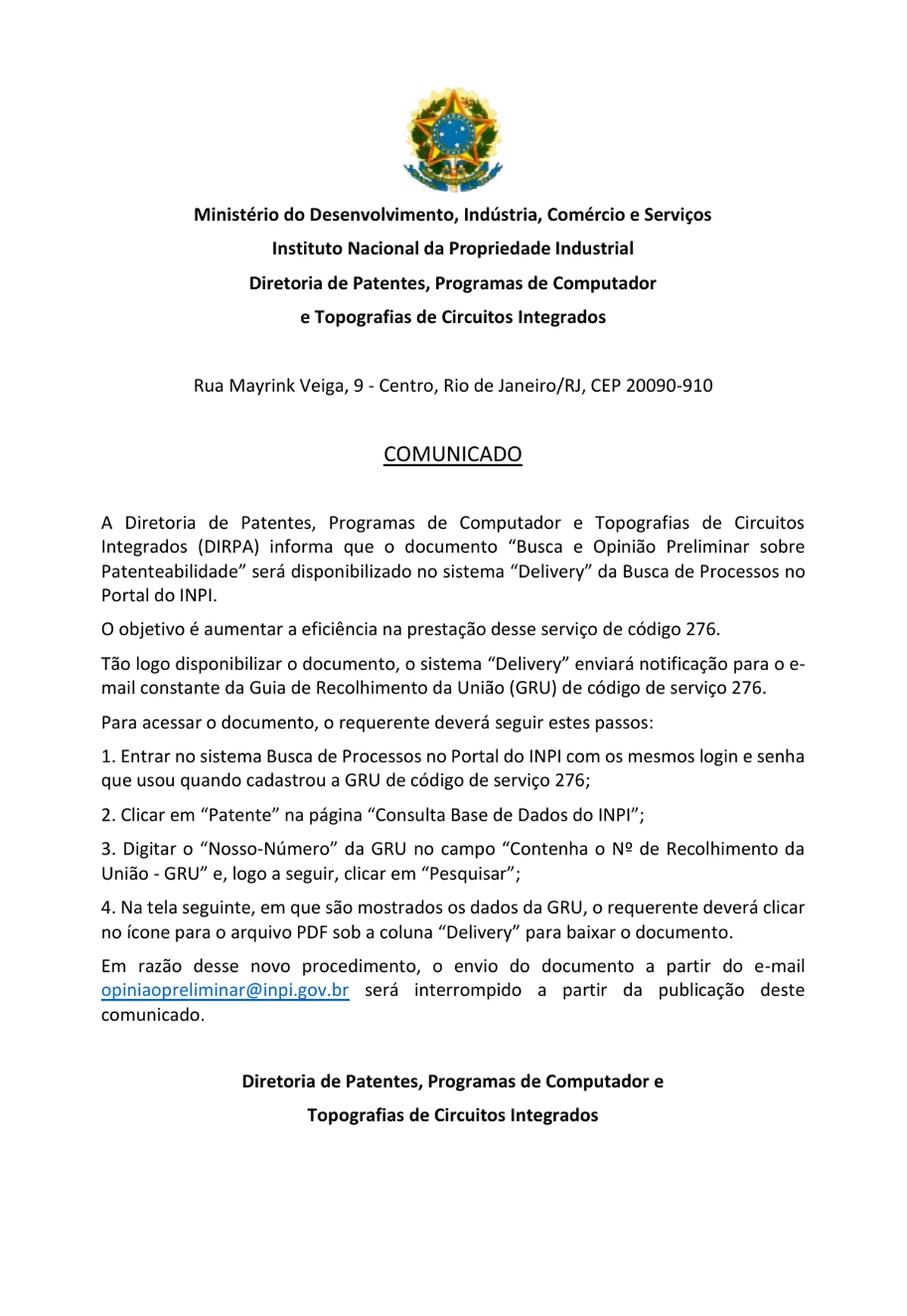 Página do Comunicado da DIRPA na RPI 2910 sobre Delivery da opinião preliminar de patenteabilidade
