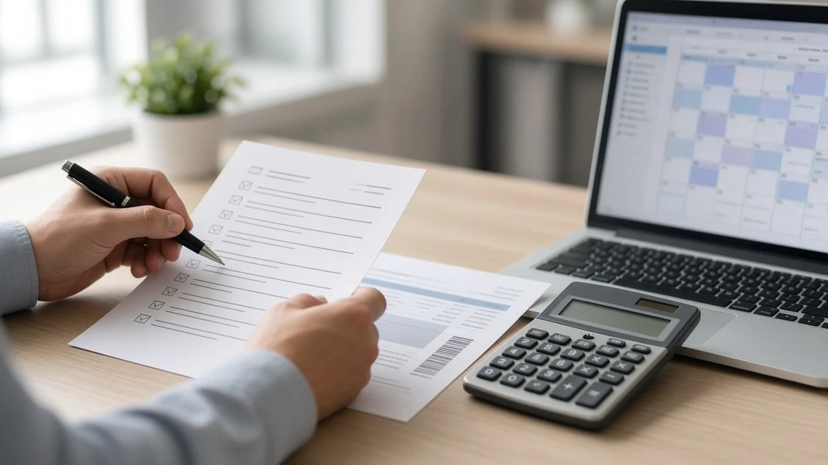 Profissional confere checklist e guia de pagamento ao lado de calculadora e notebook, representando o planejamento da prorrogação de marcas da carteira