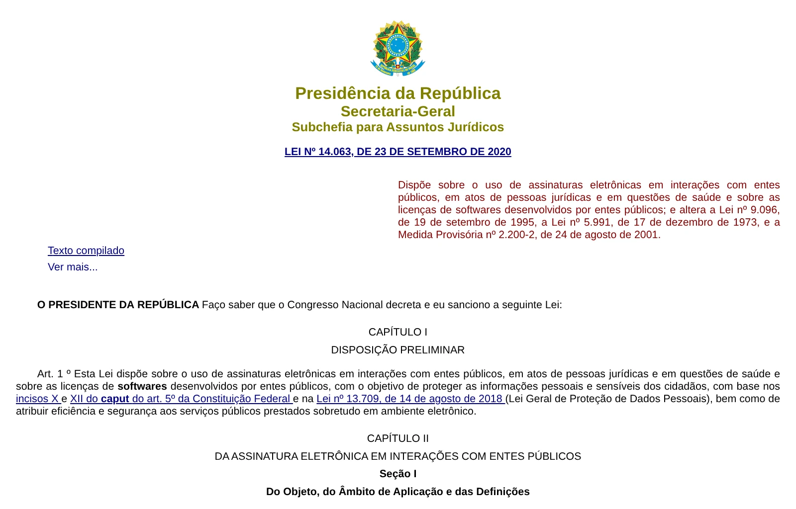 Página do Planalto com a Lei 14.063 de 2020, que trata das assinaturas eletrônicas