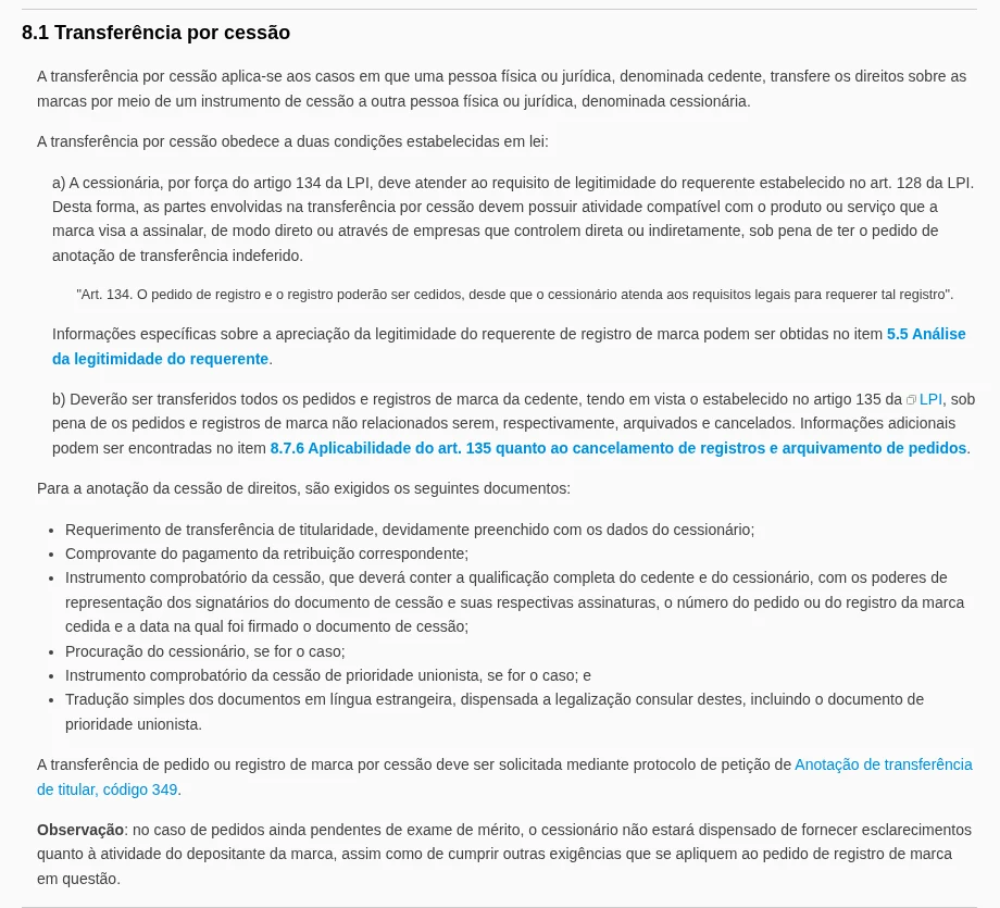 Print do item 8.1 do Manual de Marcas do INPI, sobre transferência por cessão, com as condições dos arts. 134 e 135 da LPI e a lista de documentos exigidos
