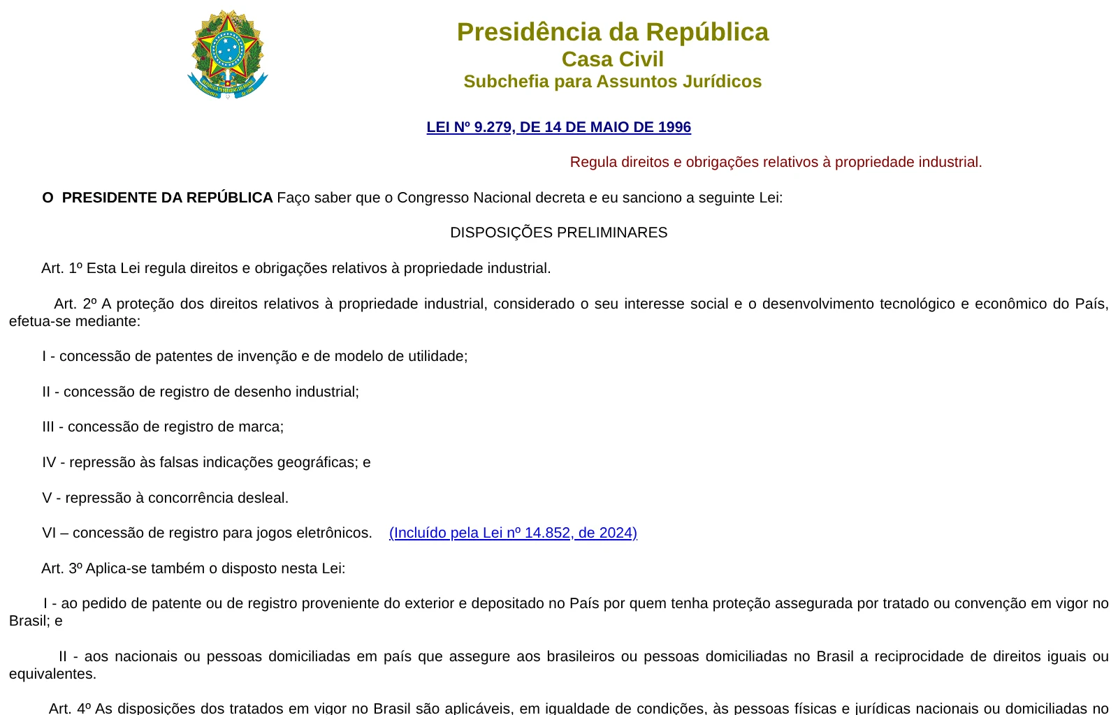 Página oficial da Lei 9.279/1996 no portal do Planalto, base legal da prorrogação de marca no art. 133
