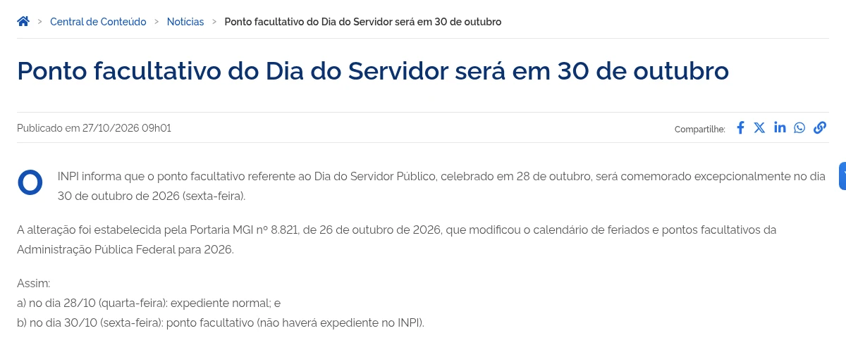 Print da notícia do INPI de 27 de outubro de 2026 informando que o ponto facultativo do Dia do Servidor passou para 30 de outubro e que 28 de outubro terá expediente normal