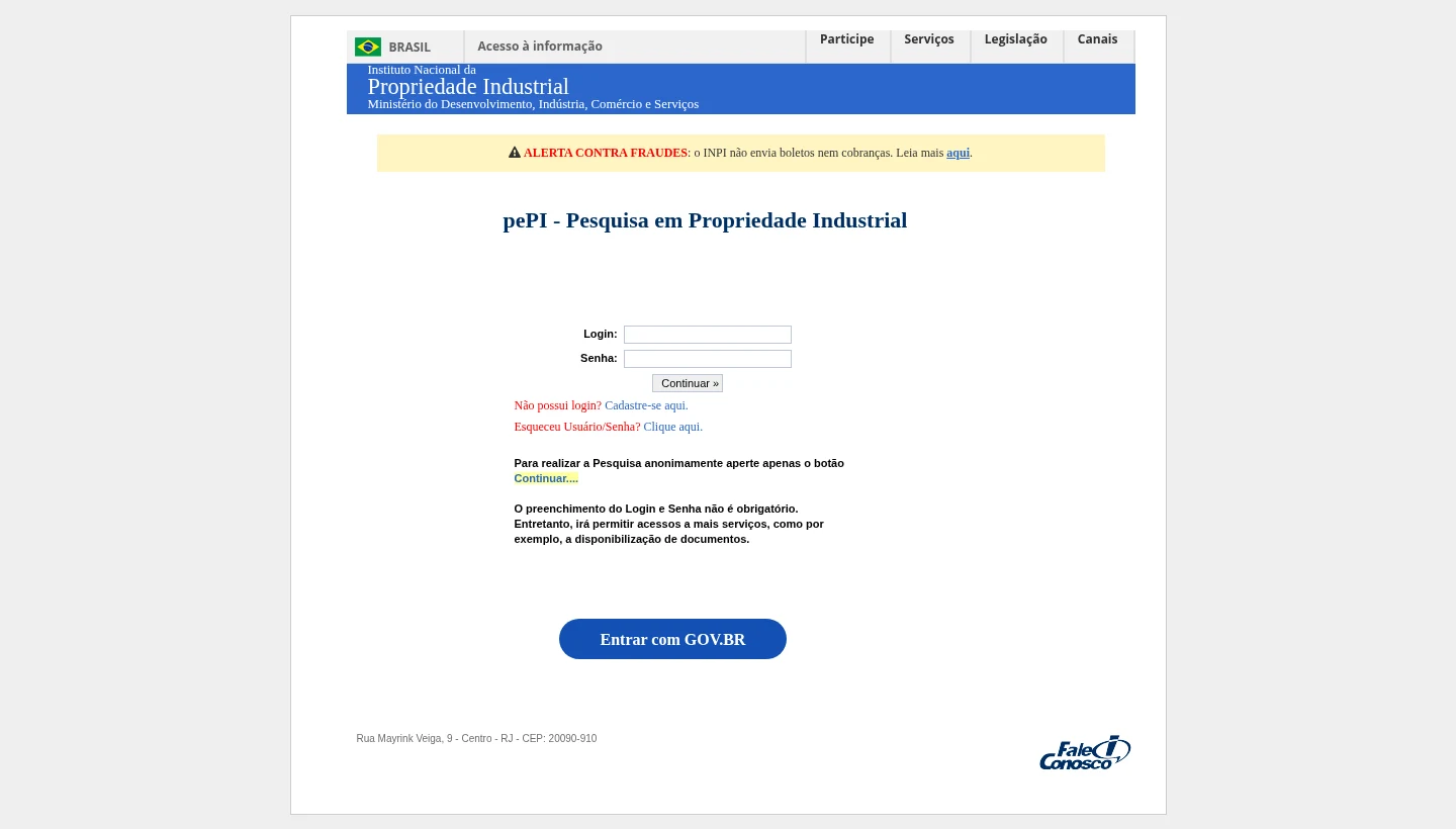 Tela de acesso ao pePI, sistema de pesquisa em propriedade industrial do INPI usado na pesquisa de anterioridade de marca