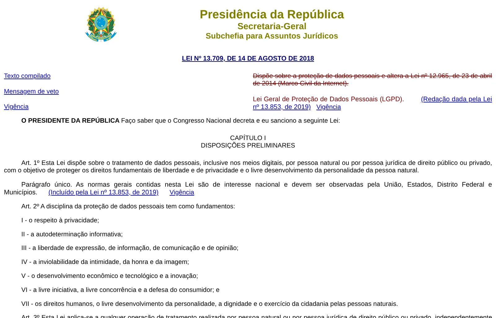 Página do Planalto com o texto da Lei Geral de Proteção de Dados, Lei 13.709 de 2018