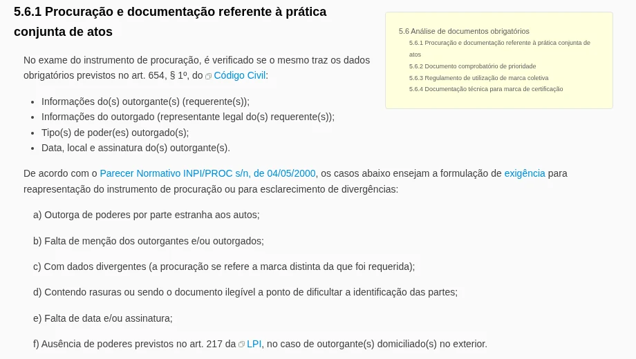 Trecho do Manual de Marcas do INPI, item 5.6.1, com os dados obrigatórios da procuração e os casos que geram exigência
