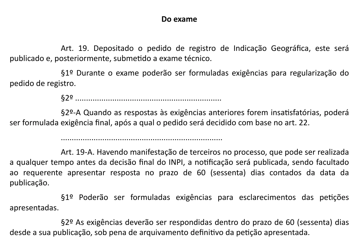Trecho da Portaria Normativa INPI/PR nº 50/2026 com a nova redação do art. 19 e o novo art. 19-A, sobre exame técnico, exigências e manifestação de terceiros em pedidos de indicação geográfica