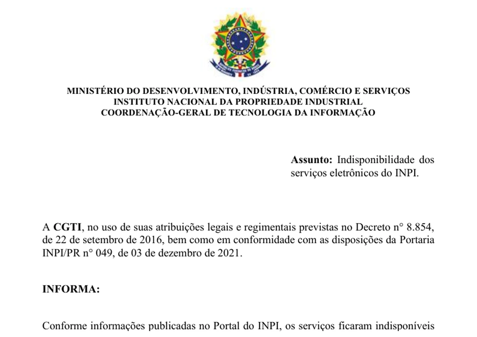 Trecho do Relatório de Indisponibilidade Técnica da CGTI do INPI informando que os serviços ficaram indisponíveis por mais de 60 minutos em 19 e 20 de outubro de 2026