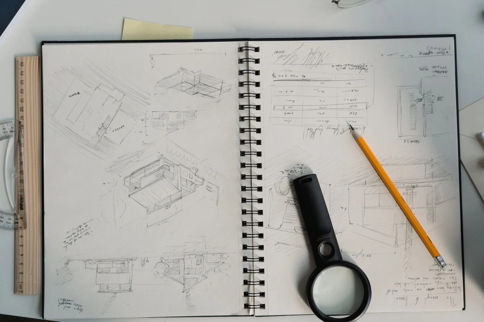 Caderno de esboços de design e ferramentas de desenho sobre a mesa, representando o objeto protegido pelo registro de desenho industrial