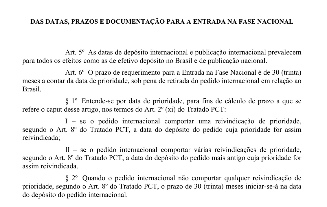 Trecho da Portaria INPI nº 39/2021 com os arts. 5º e 6º, que tratam das datas do pedido internacional e do prazo de 30 meses para a entrada na fase nacional