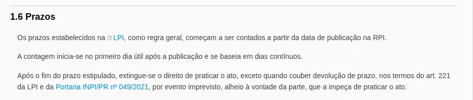 Trecho do item 1.6 do Manual de Marcas do INPI explicando que a contagem de prazos começa no primeiro dia útil após a publicação na RPI e corre em dias contínuos